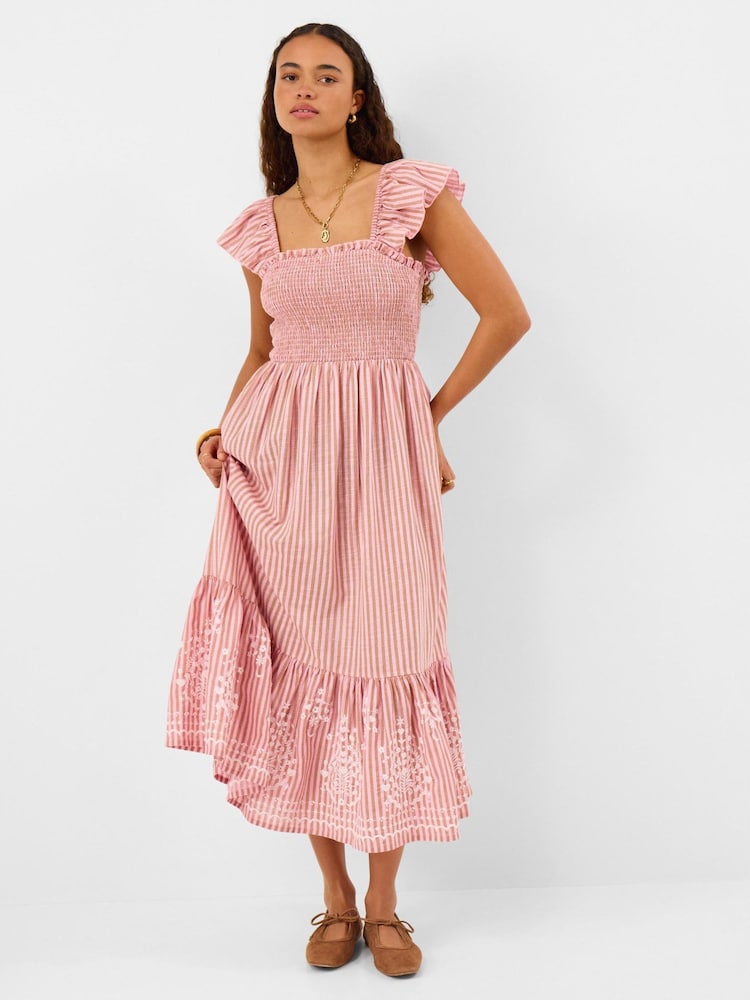 Accessorize Pink Embroidered Stripe Midi Dress - Image 1 of 3 Accessorize Pink Embroidered Stripe Midi Dress - Image 1 of 3