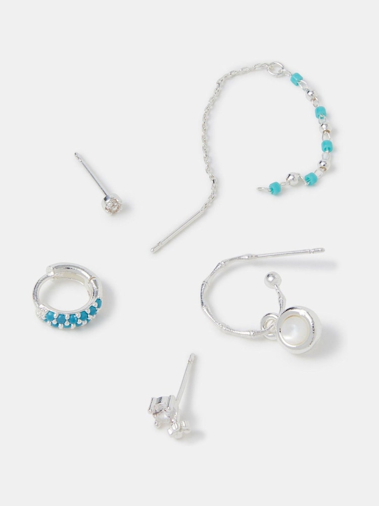 Accessorize 925 Sterling Silver Blue Stone Stud & Hoop Earrings 5-Pack - Image 1 of 2