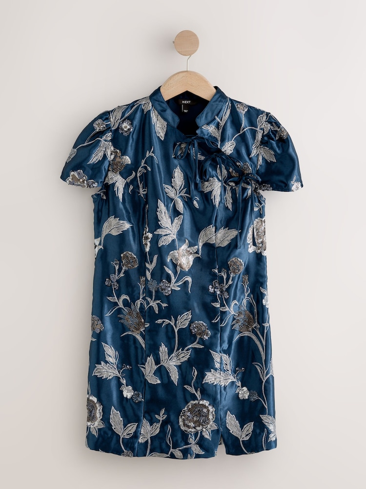 Navy Blue Short Sleeve Tie Fasten Collar Embellished Mini Dress - Image 1 of 3
