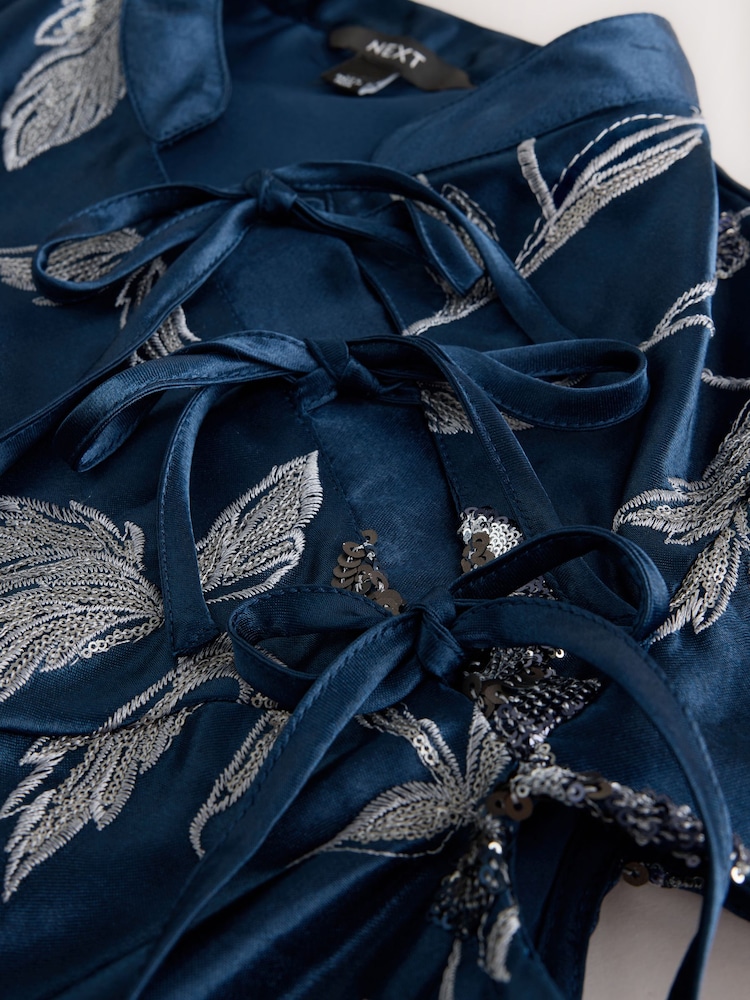 Navy Blue Short Sleeve Tie Fasten Collar Embellished Mini Dress - Image 2 of 3