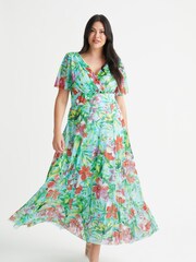 Scarlett & Jo Isabelle Aqua geblümtes Maxikleid mit Engelsärmeln - Bild 1 von 5