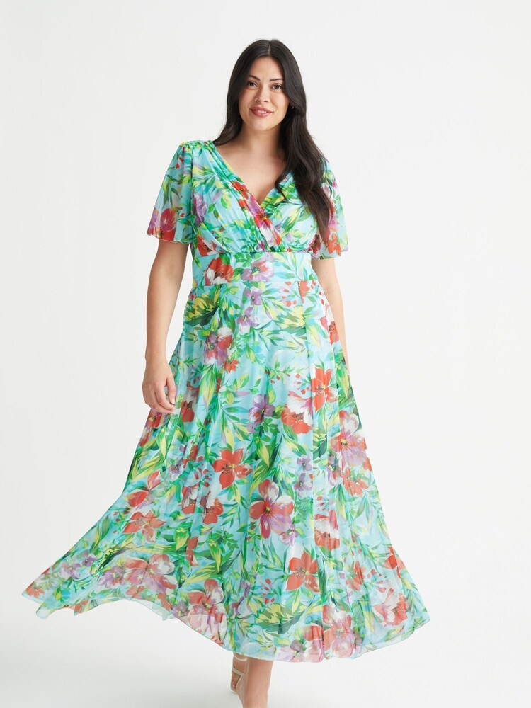 Scarlett & Jo Isabelle Aqua geblümtes Maxikleid mit Engelsärmeln - Bild 1 von 5