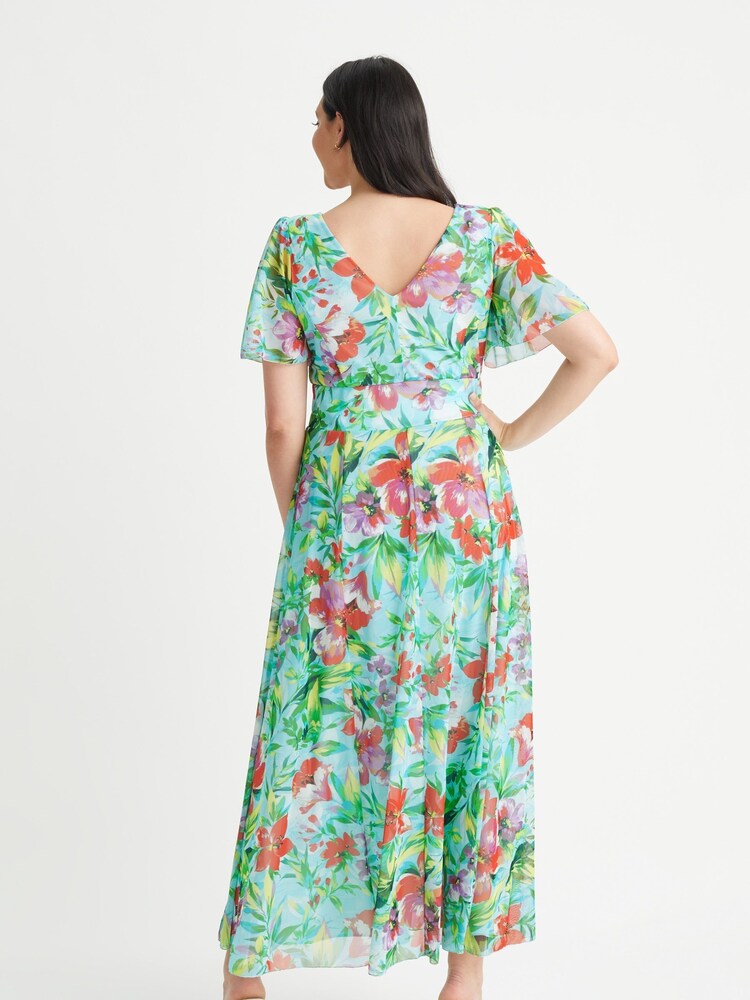 Scarlett & Jo Isabelle Aqua geblümtes Maxikleid mit Engelsärmeln - Bild 2 von 5