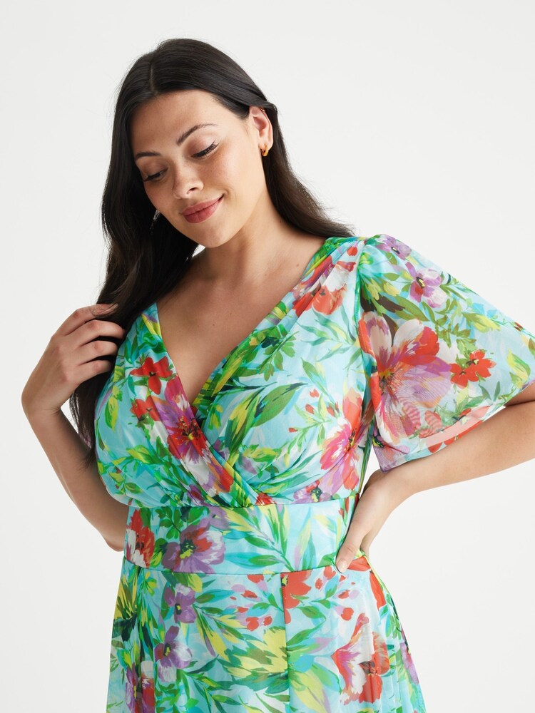 Scarlett & Jo Isabelle Aqua geblümtes Maxikleid mit Engelsärmeln - Bild 5 von 5