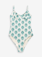 Cream/Blue Woodblock Ruched Non Padded Underwired Shaping Swimsuit - Image 7 of 7