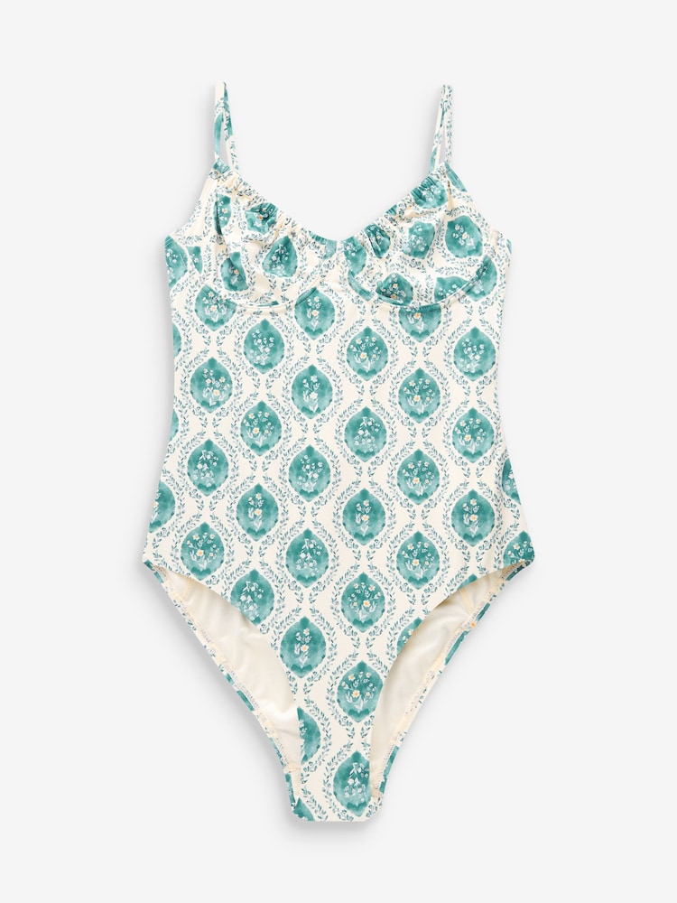 Cream/Blue Woodblock Ruched Non Padded Underwired Shaping Swimsuit - Image 7 of 7