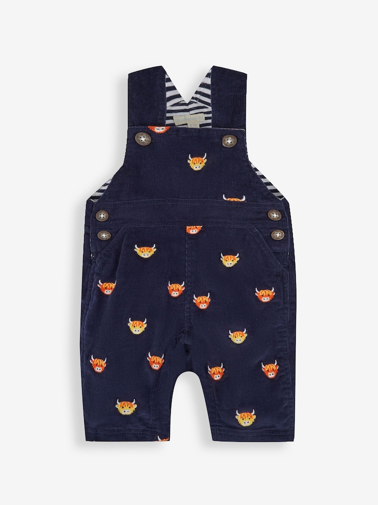 JoJo Maman Bébé Navy Blue Highland Cow Embroidered Cord Dungarees - Image 1 of 2