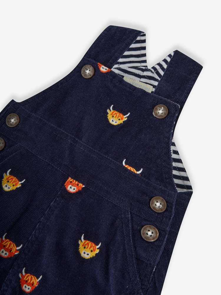 JoJo Maman Bébé Navy Blue Highland Cow Embroidered Cord Dungarees - Image 2 of 2
