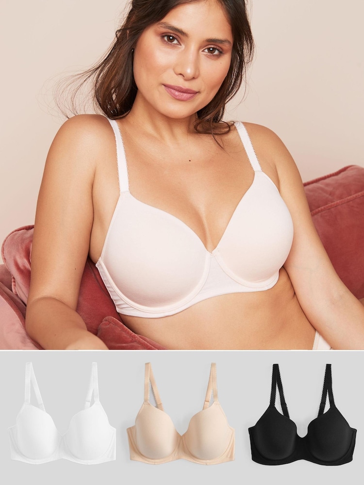 Black/White/Nude DD+ Pad Full Cup Cotton Blend Bras 3 Pack - Image 1 of 2
