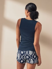Navy Shells Rib Vest Short 100% Cotton Pyjamas Set - Image 2 of 6