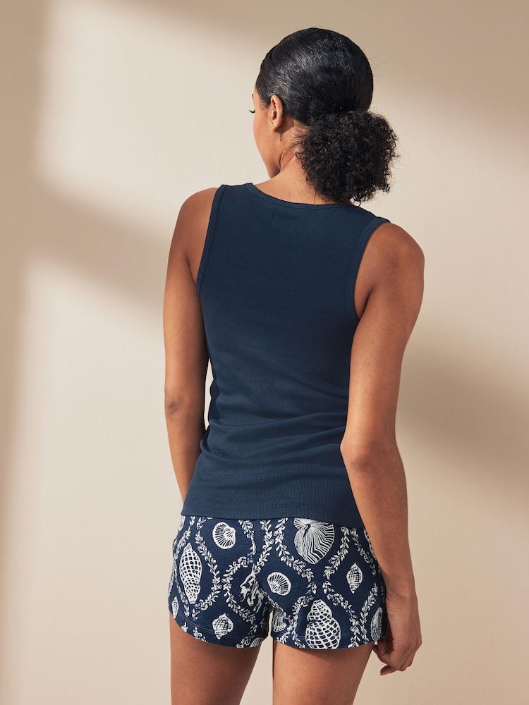 Navy Shells Rib Vest Short 100% Cotton Pyjamas Set - Image 2 of 6 Navy Shells Rib Vest Short 100% Cotton Pyjamas Set - Image 2 of 6
