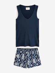 Navy Shells Rib Vest Short 100% Cotton Pyjamas Set - Image 4 of 6