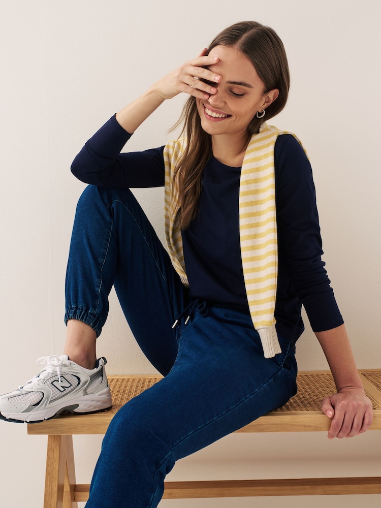 Blue Navy Long Sleeve Crew Neck 100% Cotton Top - Image 1 of 11