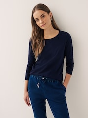 Blue Navy Long Sleeve Crew Neck 100% Cotton Top - Image 6 of 11