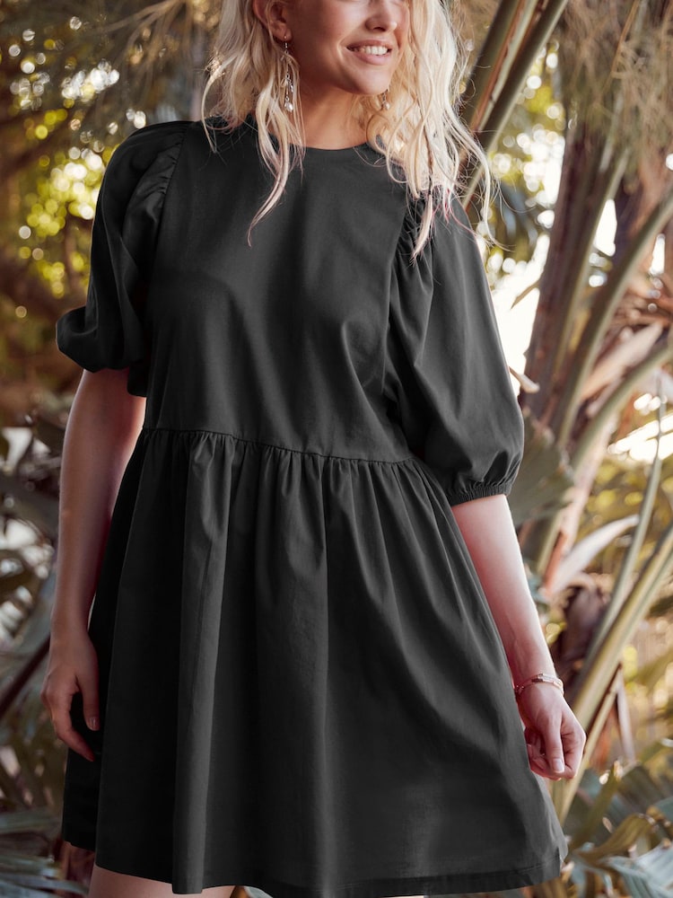 Black Puff Sleeve Mini Jersey Dress - Image 1 of 3