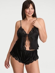Victoria's Secret Black Satin Lace Trim Flyaway Cami Flutter Shorts Set - Image 1 of 2