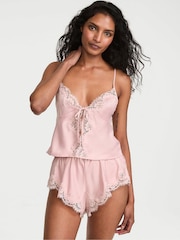 Victoria's Secret Chalk Rose Pink Satin Lace Trim Flyaway Cami Flutter Shorts Set - Image 1 of 2