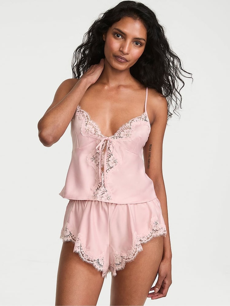 Victoria's Secret Chalk Rose Pink Satin Lace Trim Flyaway Cami Flutter Shorts Set - Image 1 of 2 Victoria's Secret Chalk Rose Pink Satin Lace Trim Flyaway Cami Flutter Shorts Set - Image 1 of 2