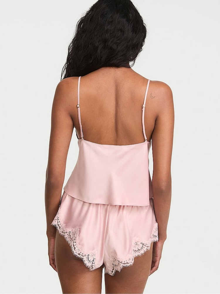 Victoria's Secret Chalk Rose Pink Satin Lace Trim Flyaway Cami Flutter Shorts Set - Image 2 of 2 Victoria's Secret Chalk Rose Pink Satin Lace Trim Flyaway Cami Flutter Shorts Set - Image 2 of 2