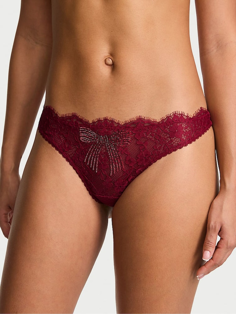 Victoria's Secret Red Lacquer Thong Shine Bow Lace Knickers - Image 1 of 2