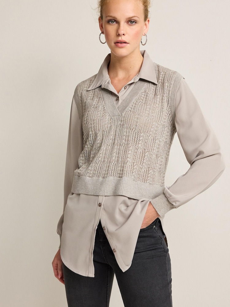 Grey Pointelle Sparkle Knit Shirt Layer Jumper - Image 1 of 5