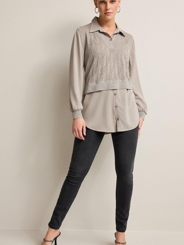 Grey Pointelle Sparkle Knit Shirt Layer Jumper - Image 2 of 5