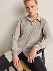 Grey Pointelle Sparkle Knit Shirt Layer Jumper - Image 3 of 5