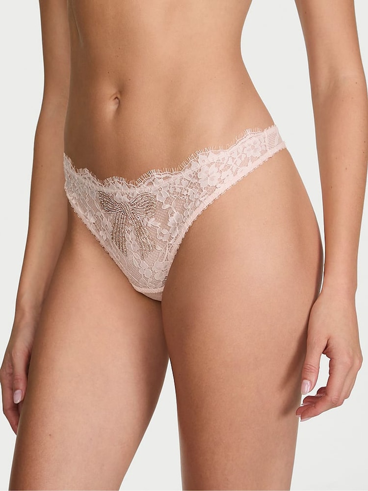 Victoria's Secret Sheer Blush Pink Thong Shine Bow Lace Knickers - Image 1 of 2
