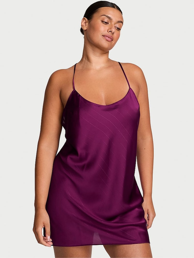 Victoria's Secret Rhubarb Purple Shimmery Short Satin Open Back Slip - Image 1 of 2 Victoria's Secret Rhubarb Purple Shimmery Short Satin Open Back Slip - Image 1 of 2