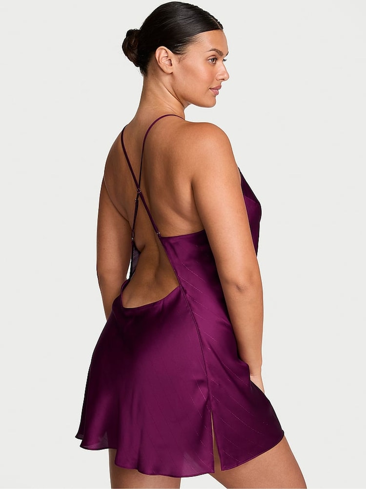 Victoria's Secret Rhubarb Purple Shimmery Short Satin Open Back Slip - Image 2 of 2 Victoria's Secret Rhubarb Purple Shimmery Short Satin Open Back Slip - Image 2 of 2