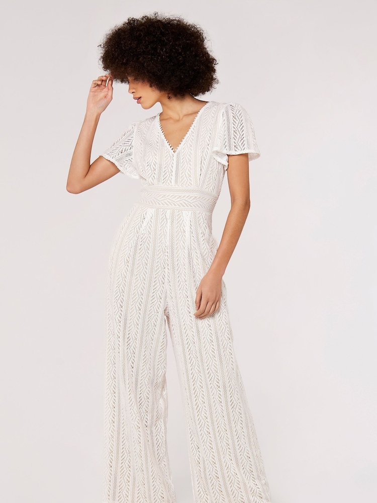 Apricot White Lace Wide Leg Jumpsuit - Image 1 of 6
