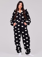 Loungeable Black Polka Dot Cosy Borg Fleece Hooded All In One - Image 1 of 5