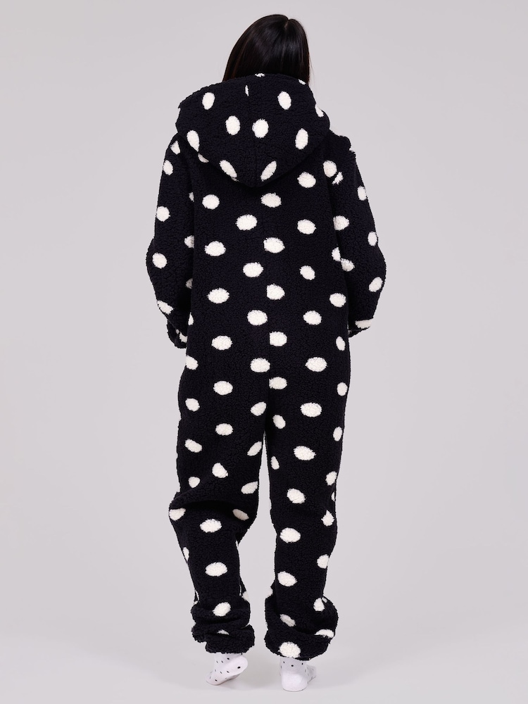 Loungeable Black Polka Dot Cosy Borg Fleece Hooded All In One - Image 2 of 5