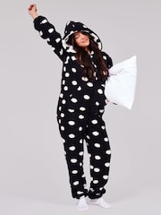 Loungeable Black Polka Dot Cosy Borg Fleece Hooded All In One - Image 3 of 5
