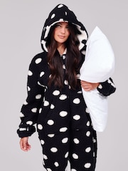 Loungeable Black Polka Dot Cosy Borg Fleece Hooded All In One - Image 4 of 5