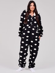Loungeable Black Polka Dot Cosy Borg Fleece Hooded All In One - Image 5 of 5