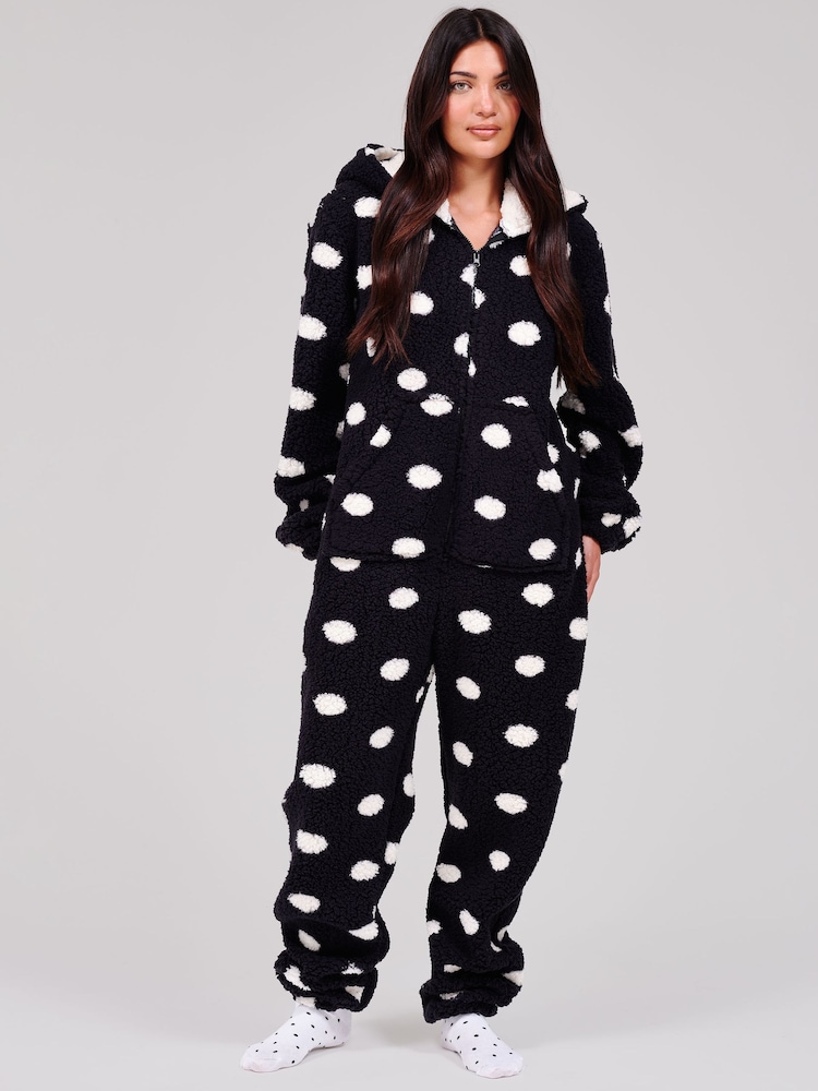 Loungeable Black Polka Dot Cosy Borg Fleece Hooded All In One - Image 5 of 5