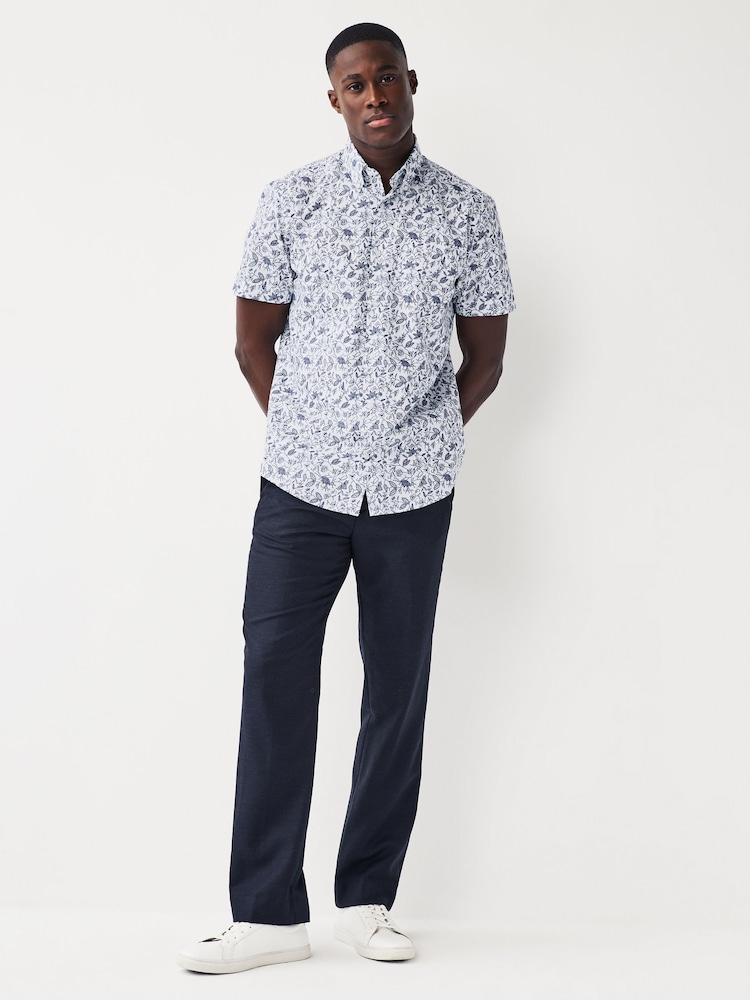 White/Blue Floral Easy Iron With Button Down Collar Short Sleeve Oxford Shirt - Image 2 of 6