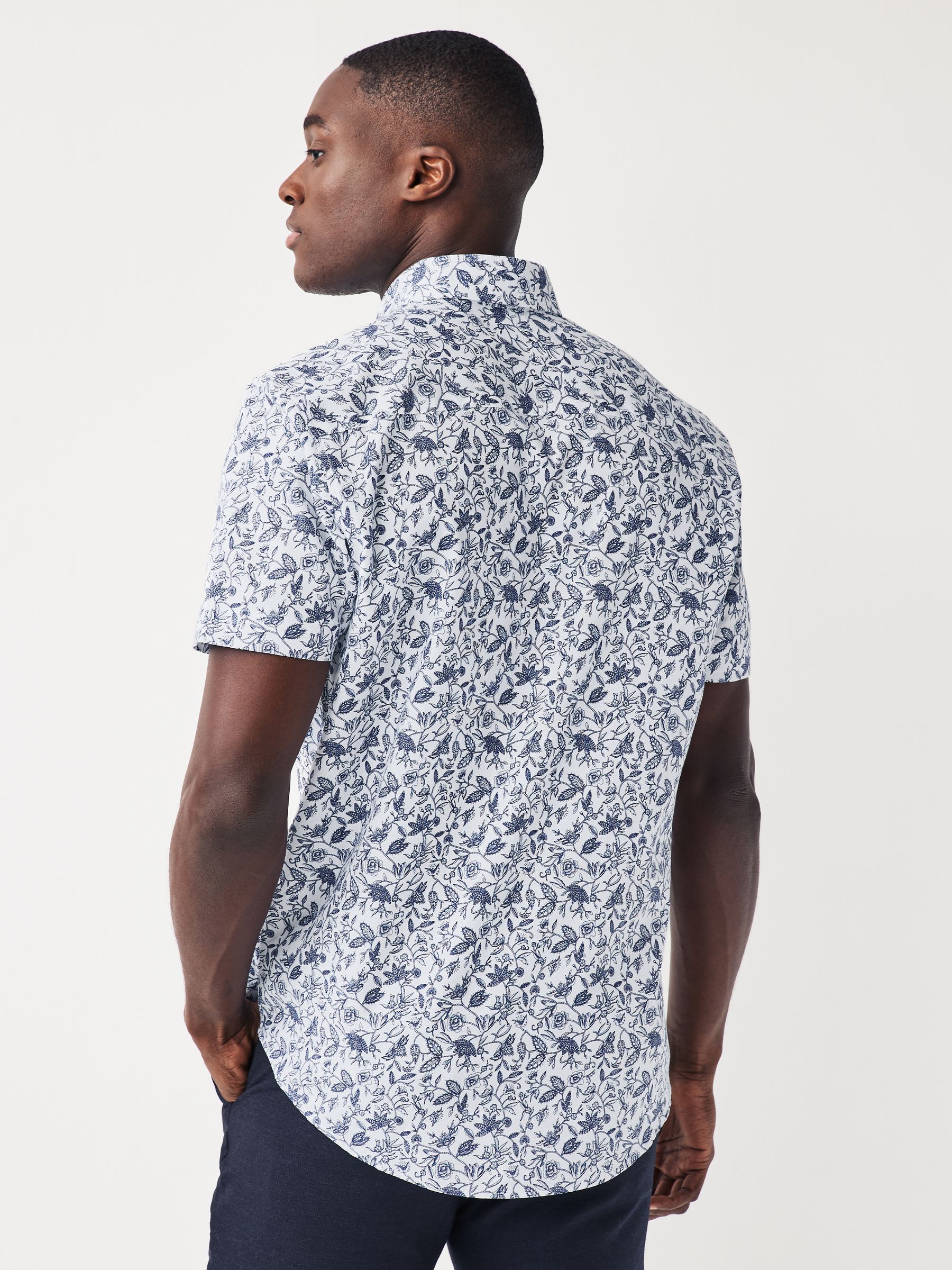 Buy White/Blue Floral Easy Iron With Button Down Collar