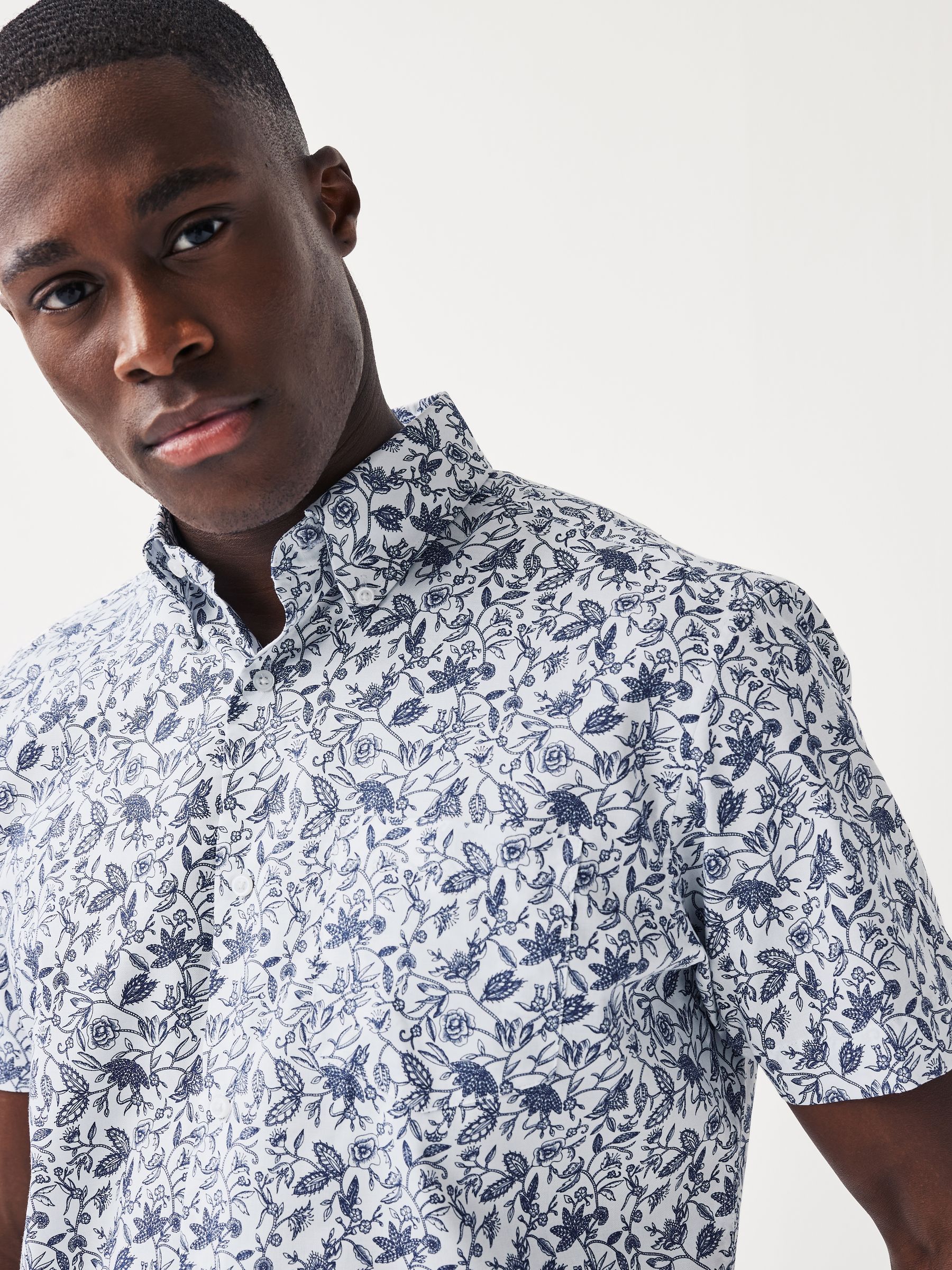 Buy White/Blue Floral Easy Iron With Button Down Collar
