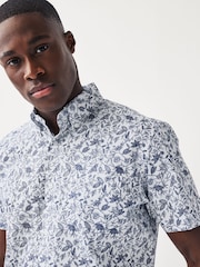 White/Blue Floral Easy Iron With Button Down Collar Short Sleeve Oxford Shirt - Image 4 of 6