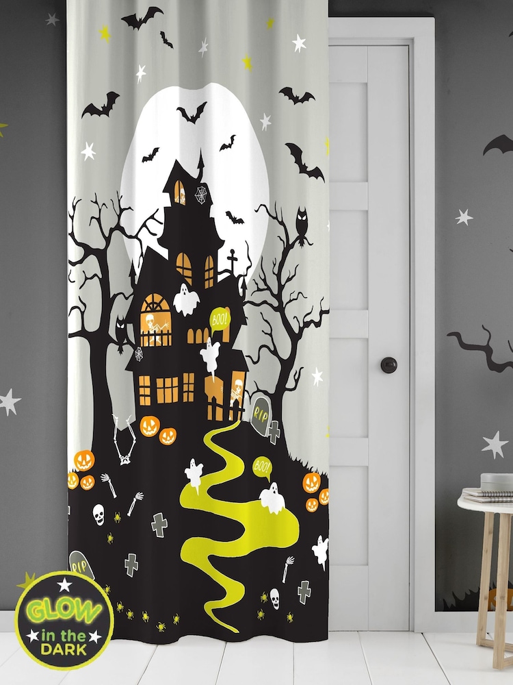 Bedlam Grey Haunted House Glow Eyelet Single Panel Curtains - Image 1 of 5
