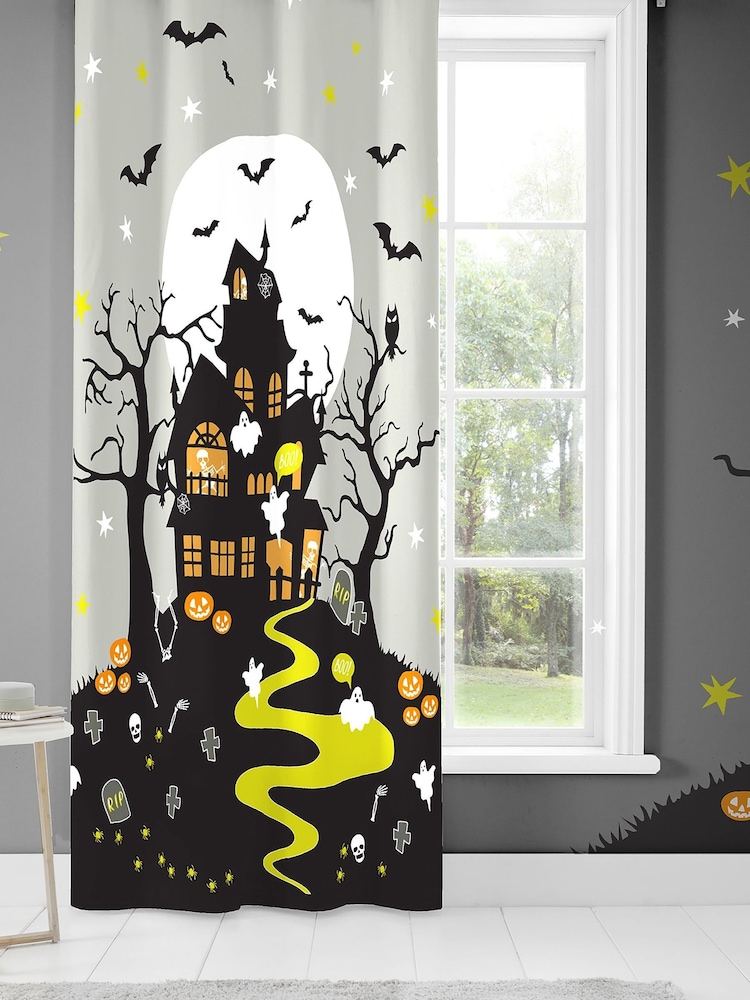 Bedlam Grey Haunted House Glow Eyelet Single Panel Curtains - Image 2 of 5