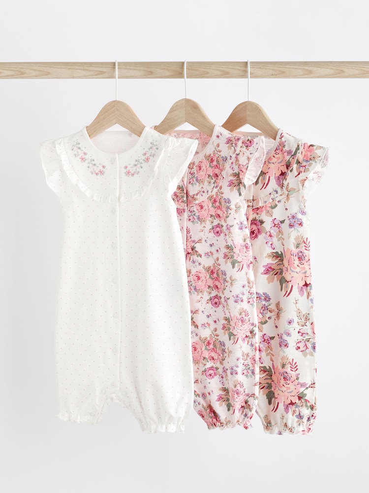 Pink/White Floral Baby Rompers 3 Pack - Image 1 of 7