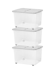 Wham Set of 3 Clear 44Ltr Plastic Storage Boxes With Wheels & Folding Lid - Image 3 of 4