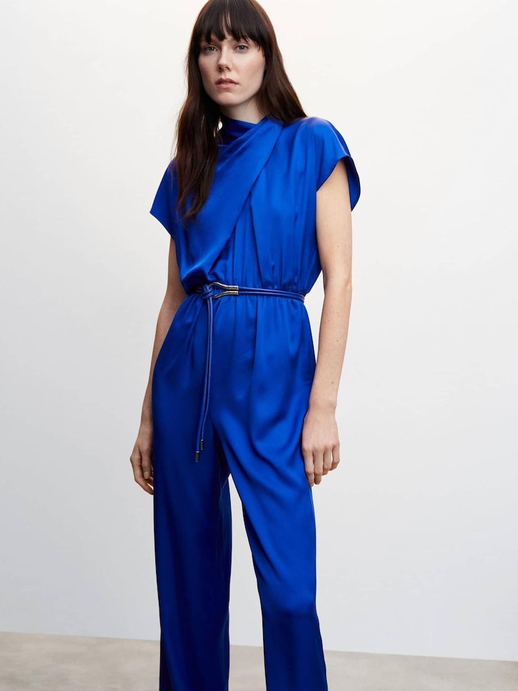 Mango Blue Satin Jumpsuit With Belt - Image 1 of 1