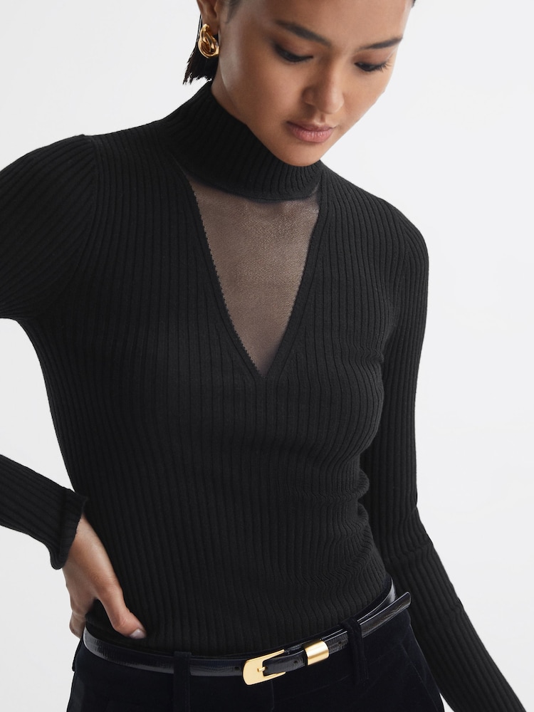 Reiss Black Rita Fitted Wool Blend Mesh Top - Image 1 of 5
