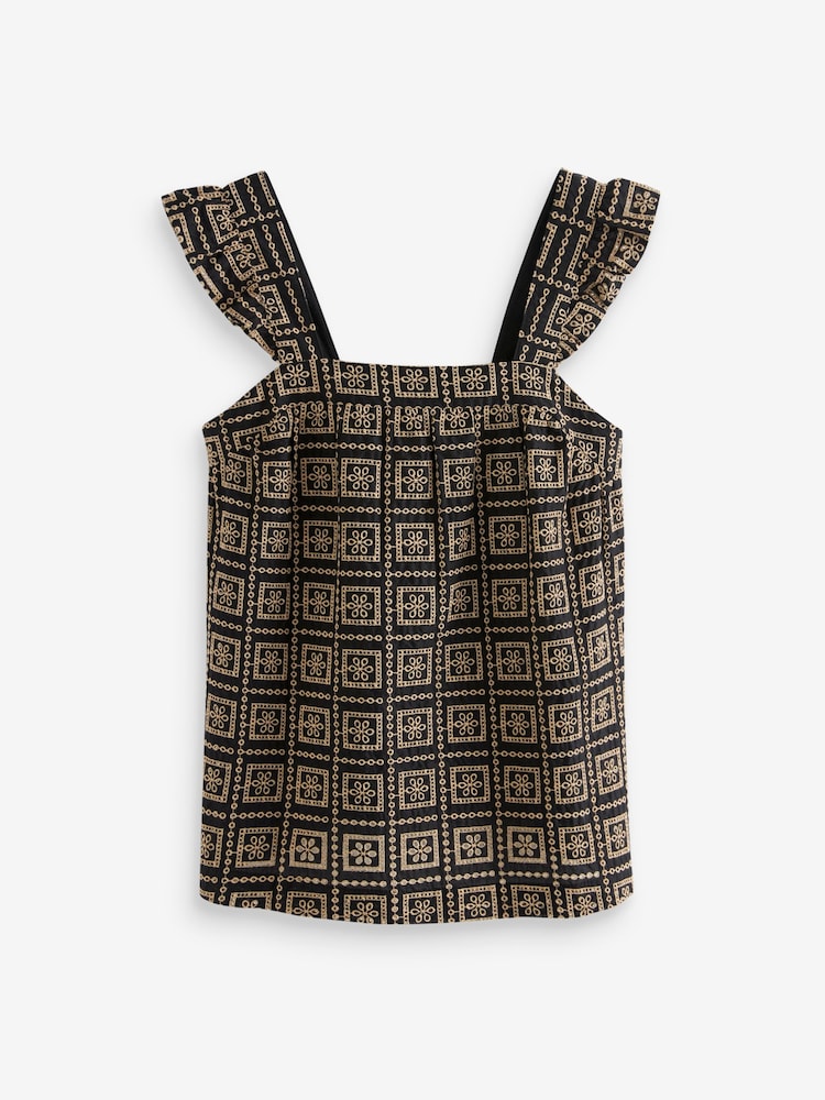 Black/Brown Broderie Frill Sleeve Embroidered Cami Top - Image 1 of 3