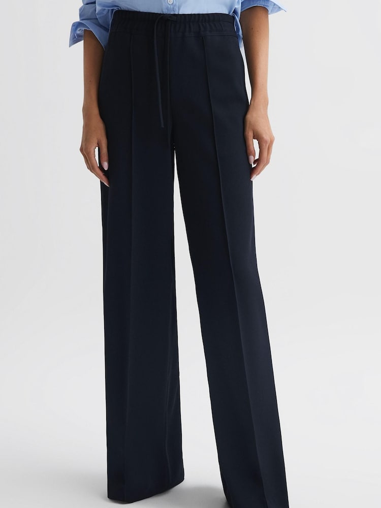 Reiss Navy Rosalyn Petite Wide Leg Drawstring Trousers - Image 1 of 6