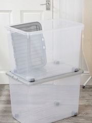 Wham Set of 2 Clear 80Ltr Plastic Storage Boxes With Wheels & Folding Lid - Image 2 of 4